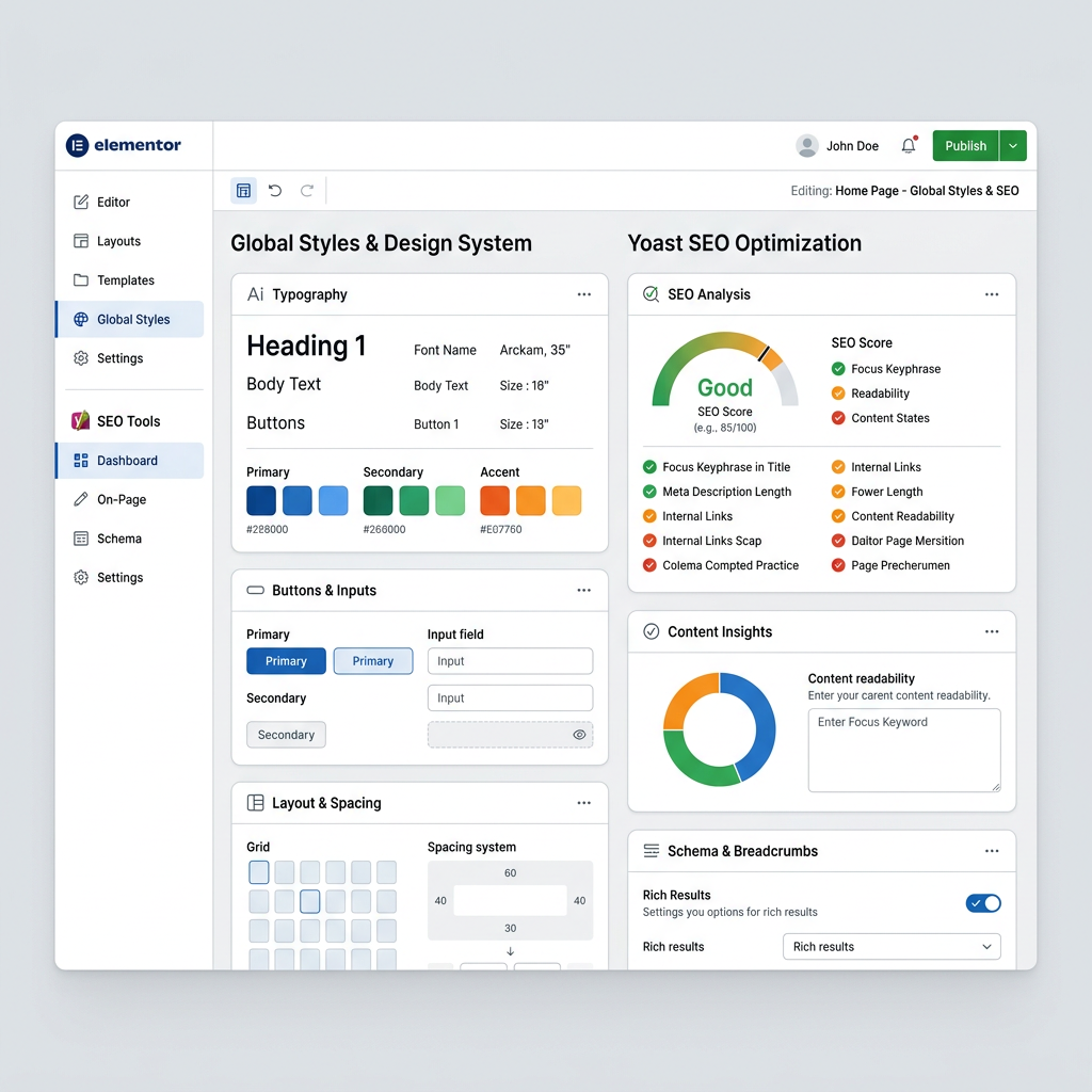 Dashboard interface with typography, button styles, layout controls on left and SEO analysis, content insights on right